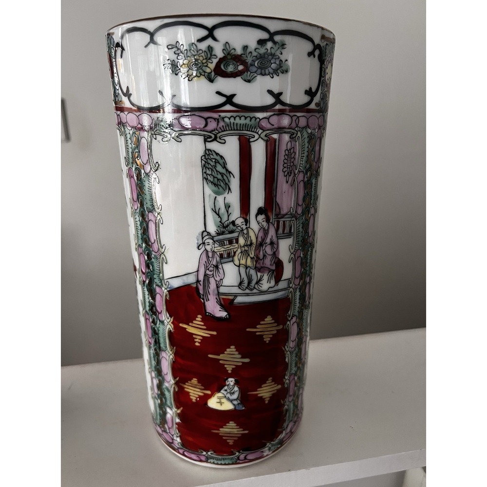 Vtg Chinese Famille Rose Canton 10" Vase Hand Painted Chinoiserie People Bird